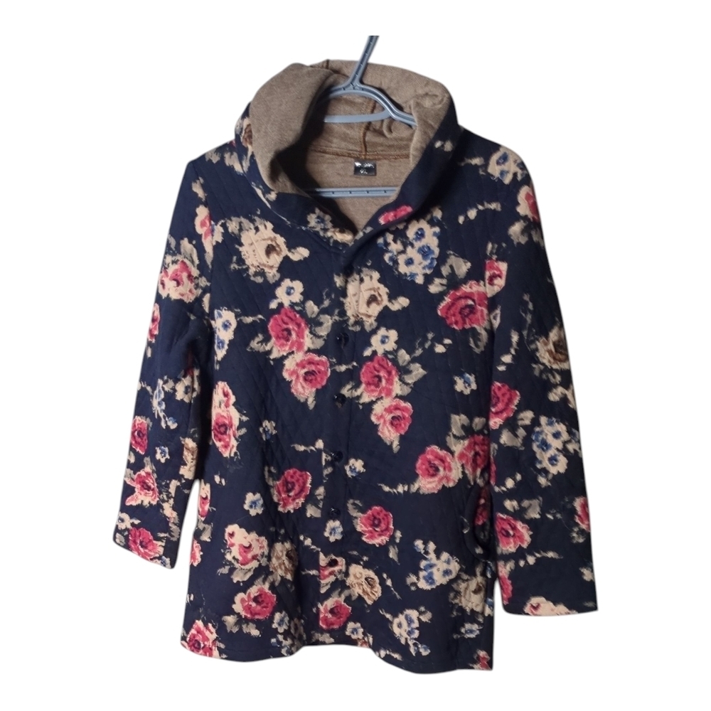 Xinoidian Floral Quilted Button Down Shacket Hoodie Pink Blue Tan Size XL